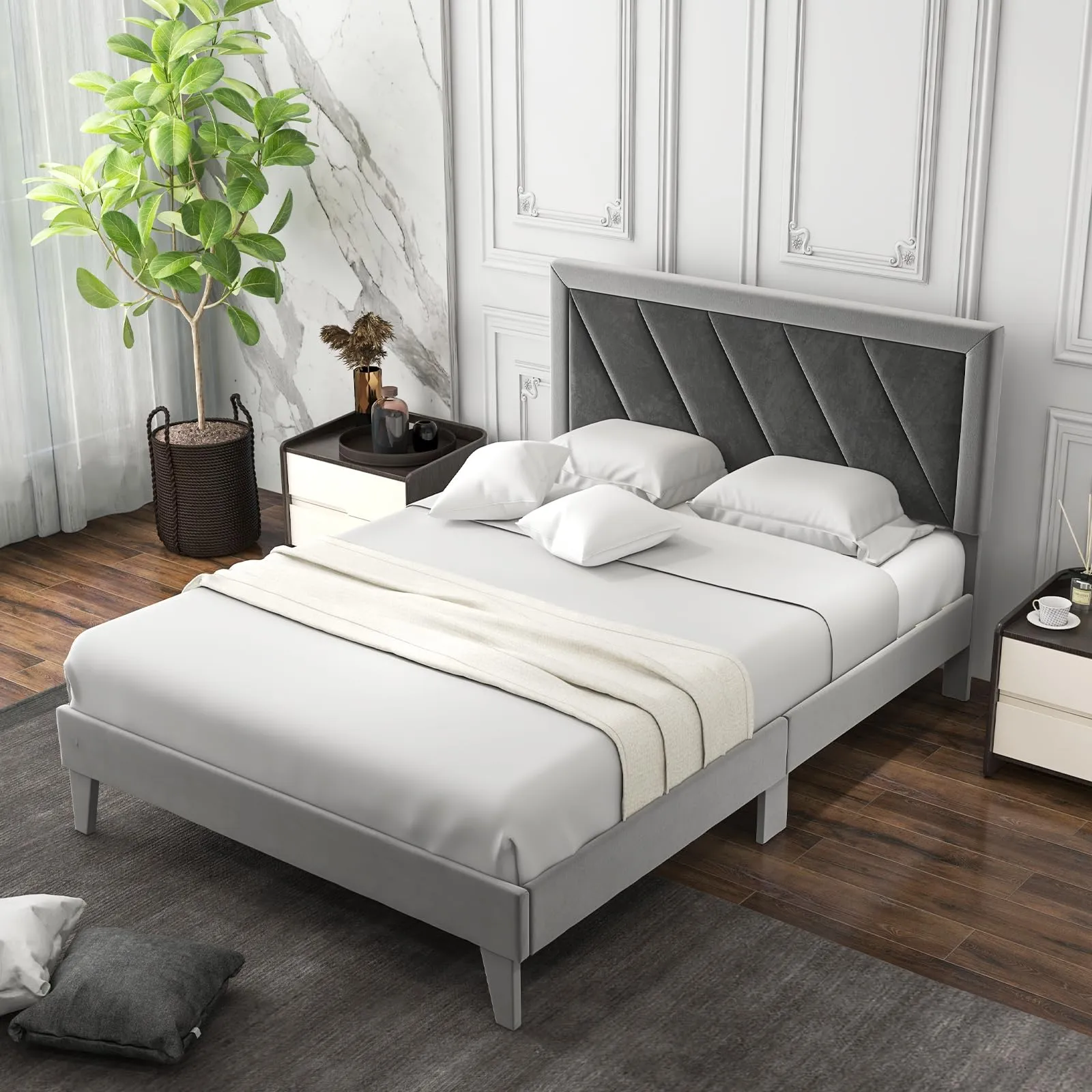 Giantex Full Size Velvet Bed Frame with Headboard, Modern Upholstered Platform Bed, No Box Spring Needed, Black & Gray bed frame, queen bed
