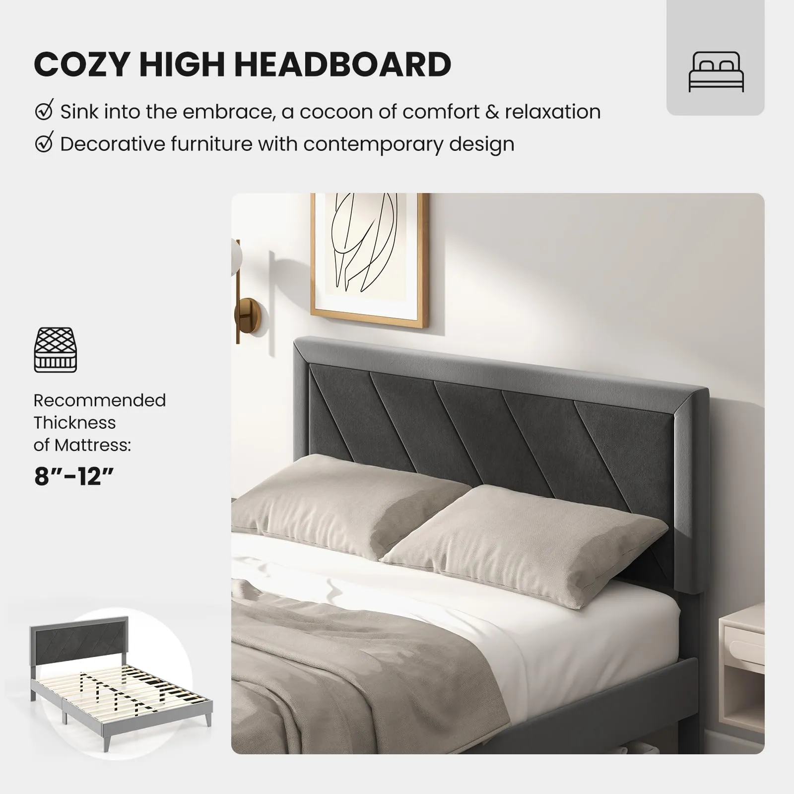 Giantex Full Size Velvet Bed Frame with Headboard, Modern Upholstered Platform Bed, No Box Spring Needed, Black & Gray