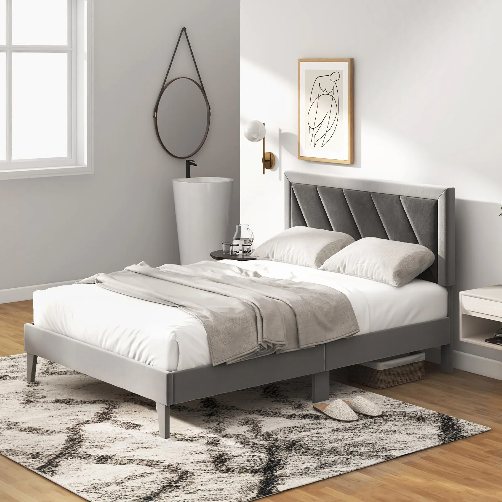 Giantex Full Size Velvet Bed Frame with Headboard, Modern Upholstered Platform Bed, No Box Spring Needed, Black & Gray