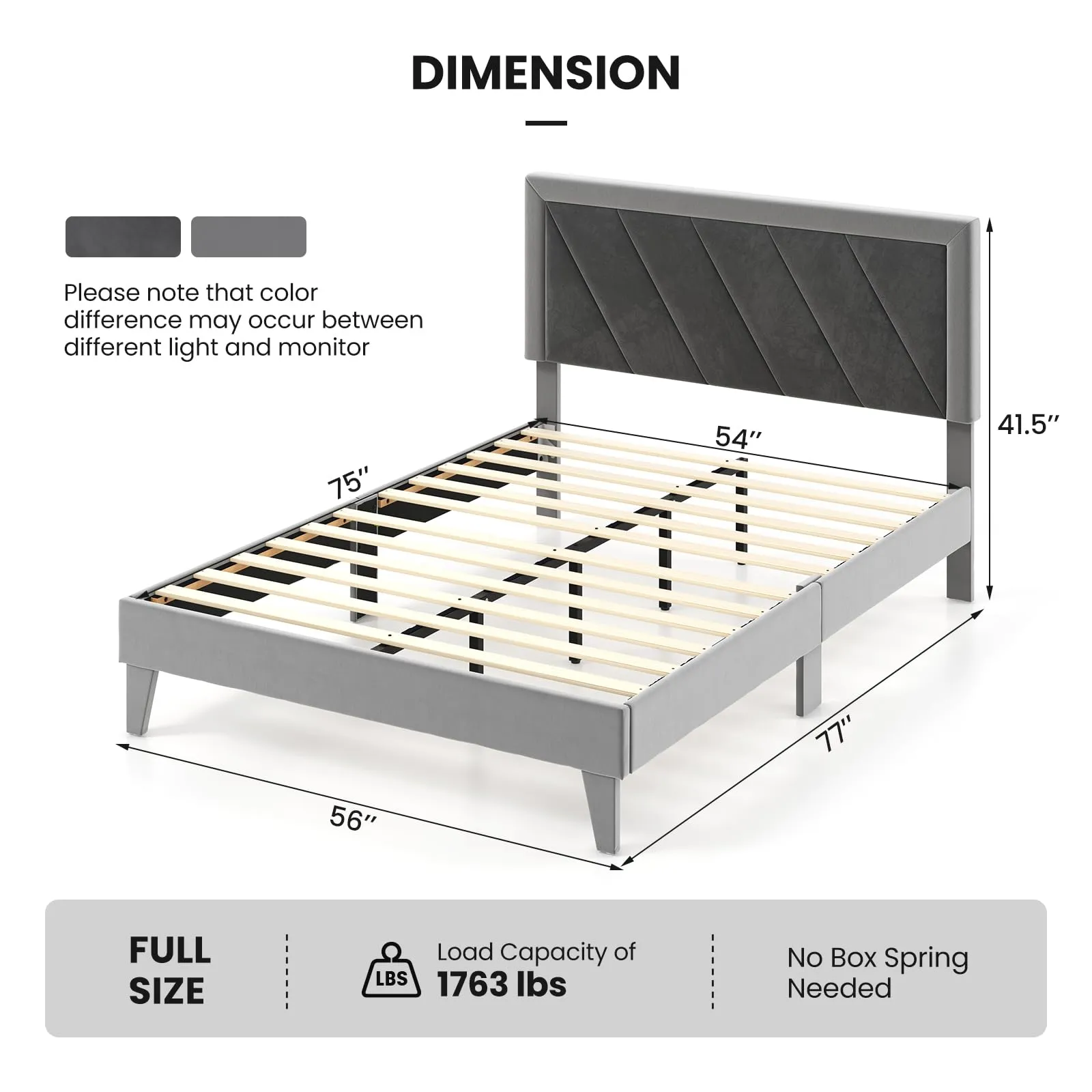 Giantex Full Size Velvet Bed Frame with Headboard, Modern Upholstered Platform Bed, No Box Spring Needed, Black & Gray