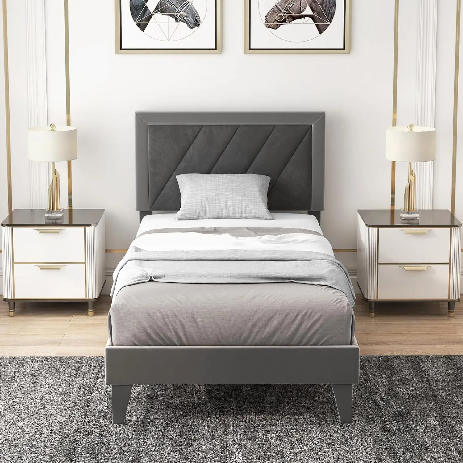 Giantex Full Size Velvet Bed Frame with Headboard, Modern Upholstered Platform Bed, No Box Spring Needed, Black & Gray