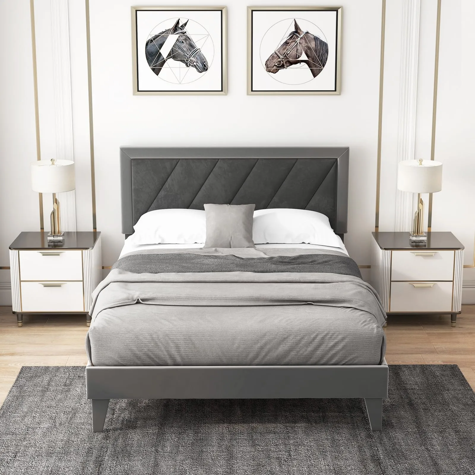 Giantex Full Size Velvet Bed Frame with Headboard, Modern Upholstered Platform Bed, No Box Spring Needed, Black & Gray