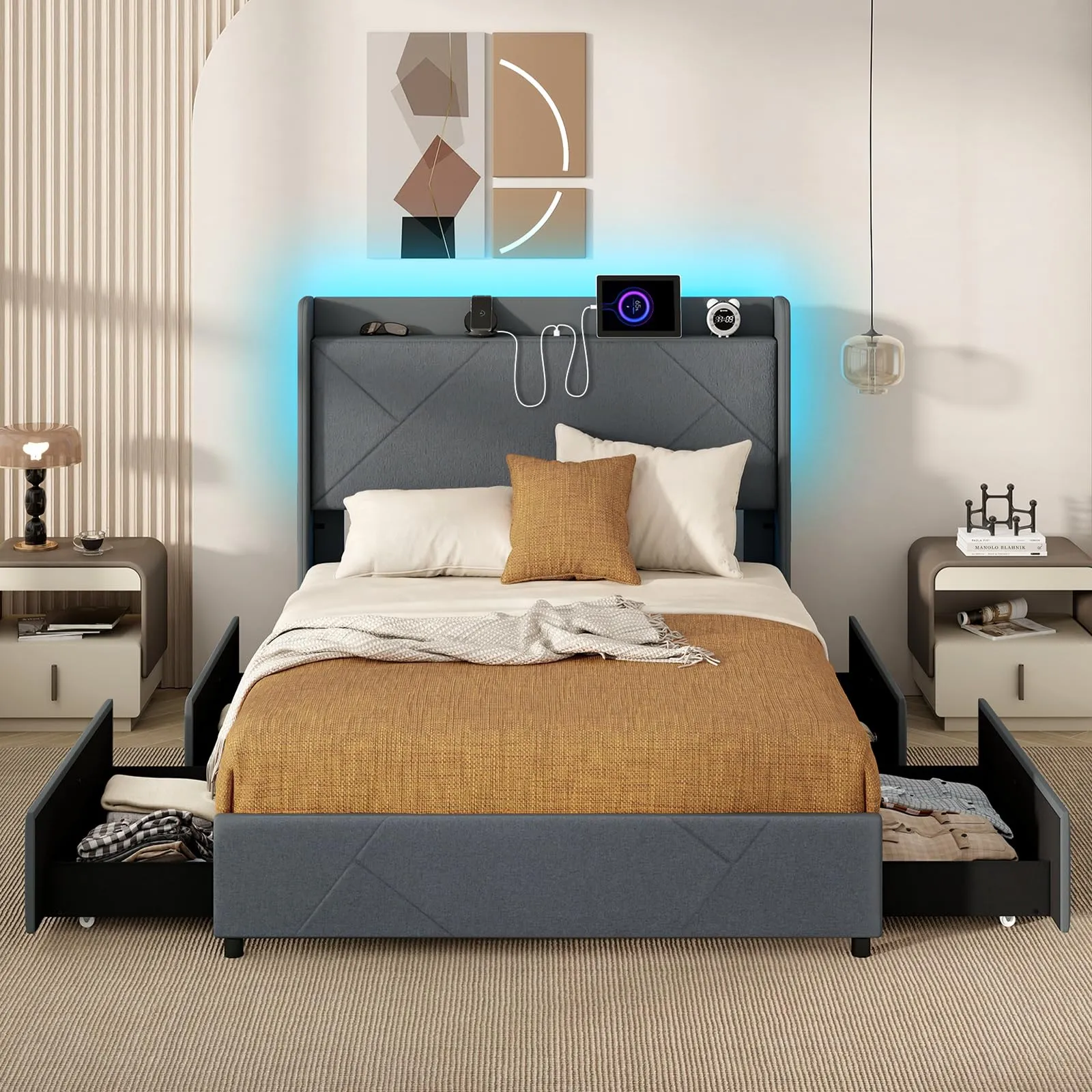 Giantex Full/Queen Size Bed Frame with 4 Storage Drawers & LED Lights, Headboard & Charging Station, Wooden Slats, Easy Assembly, Grey bed frame, queen bed