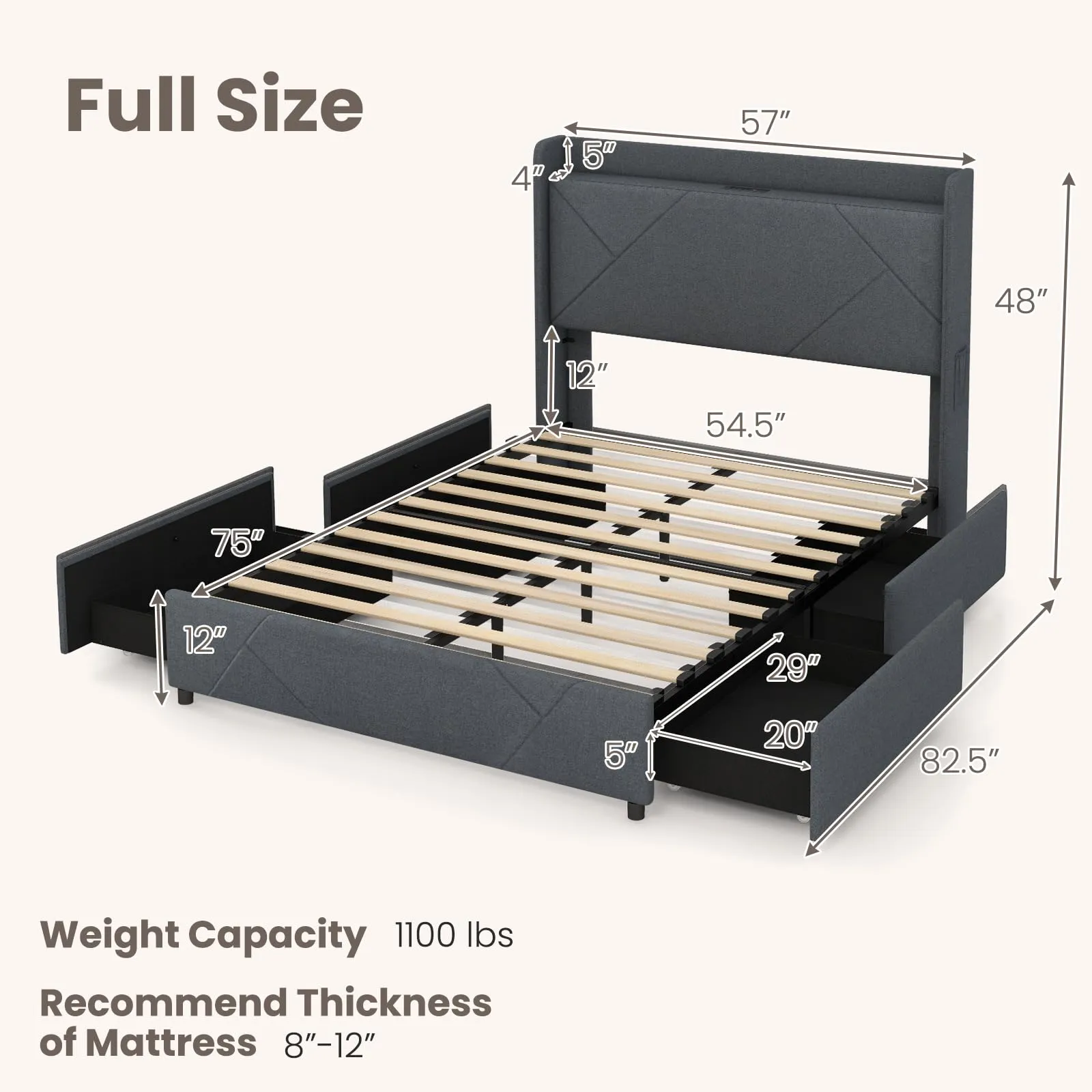 Giantex Full/Queen Size Bed Frame with 4 Storage Drawers & LED Lights, Headboard & Charging Station, Wooden Slats, Easy Assembly, Grey