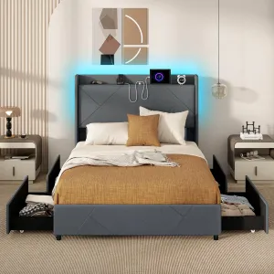 Giantex Full/Queen Size Bed Frame with 4 Storage Drawers & LED Lights, Headboard & Charging Station, Wooden Slats, Easy Assembly, Grey bed frame, queen bed