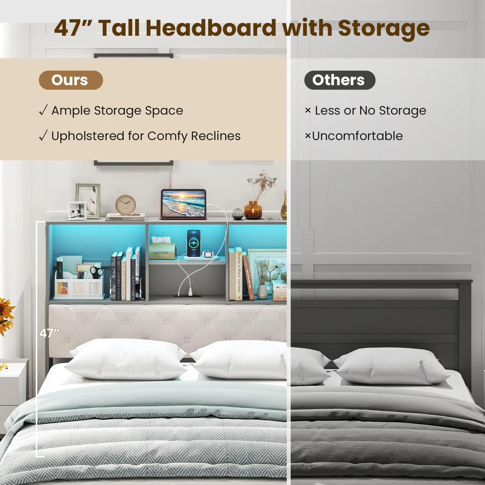Giantex Gray Full Size Bed Frame with Upholstered Bookcase Headboard