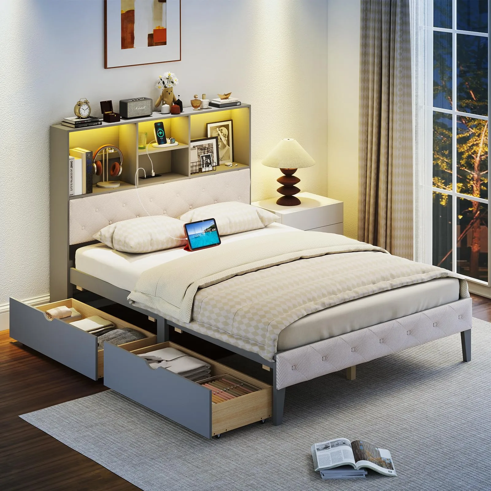 Giantex Gray Full Size Bed Frame with Upholstered Bookcase Headboard bed frame, queen bed