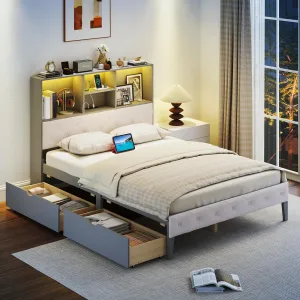 Giantex Gray Full Size Bed Frame with Upholstered Bookcase Headboard bed frame, queen bed