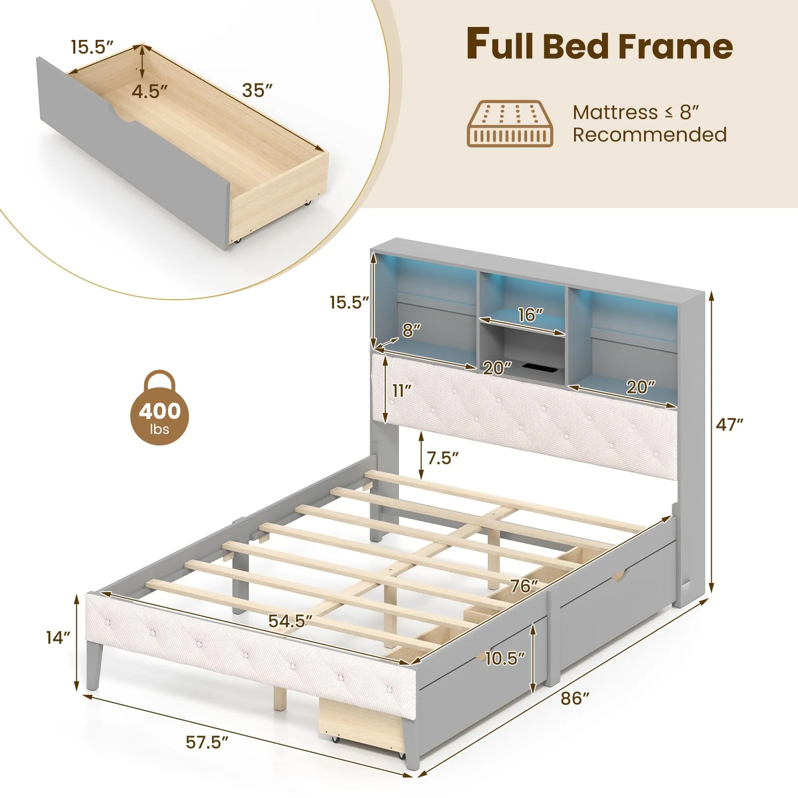 Giantex Gray Full Size Bed Frame with Upholstered Bookcase Headboard