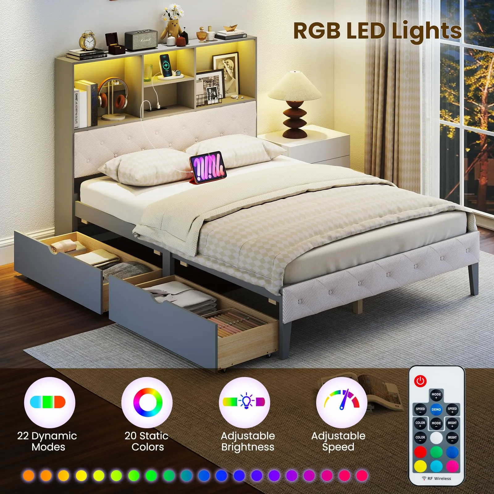 Giantex Gray Full Size Bed Frame with Upholstered Bookcase Headboard