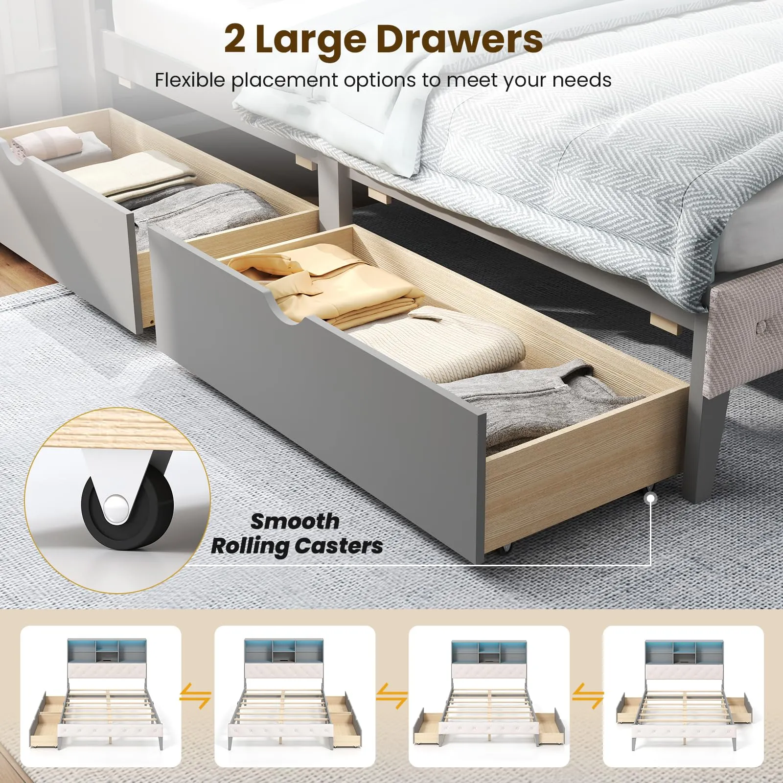 Giantex Gray Full Size Bed Frame with Upholstered Bookcase Headboard