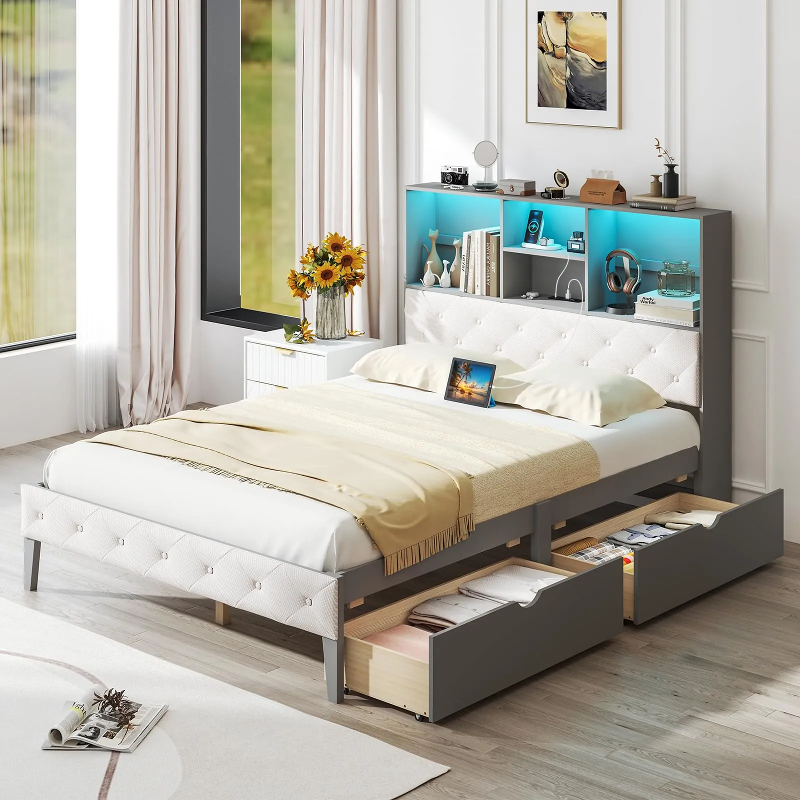 Giantex Gray Full Size Bed Frame with Upholstered Bookcase Headboard