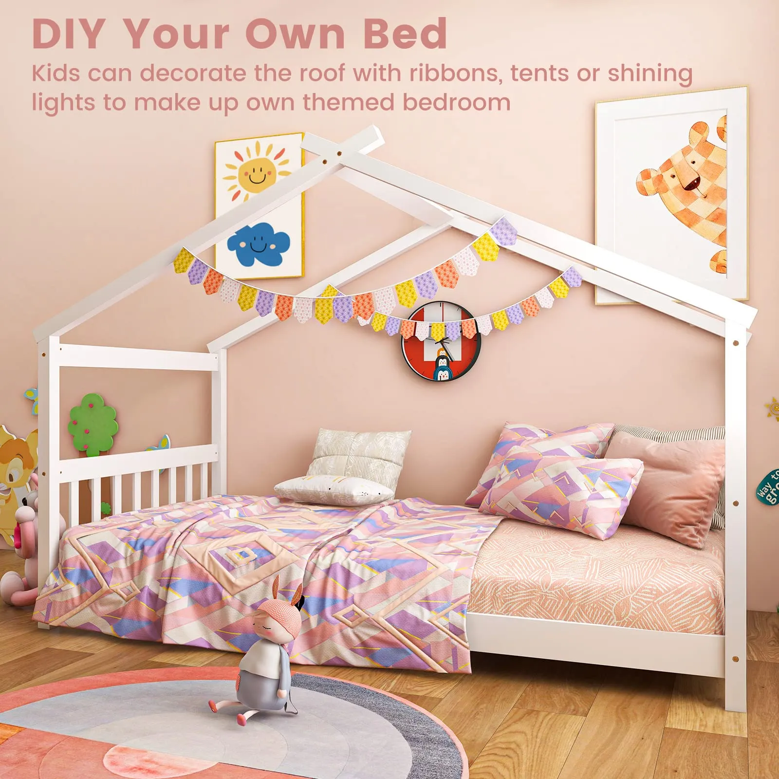 Giantex House Bed Twin, Solid Wood Kids House Bed with Roof