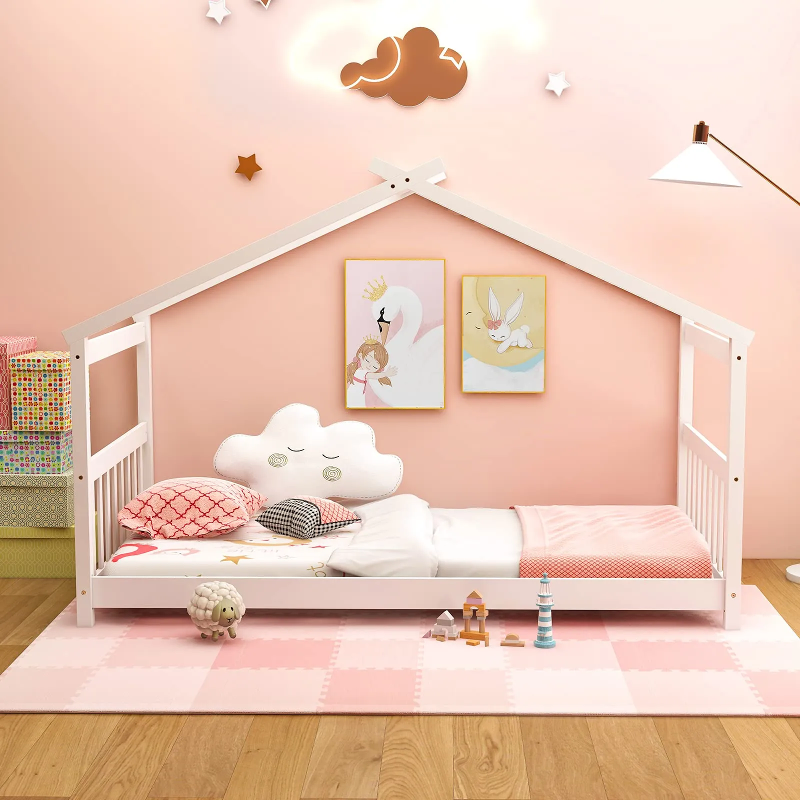 Giantex House Bed Twin, Solid Wood Kids House Bed with Roof