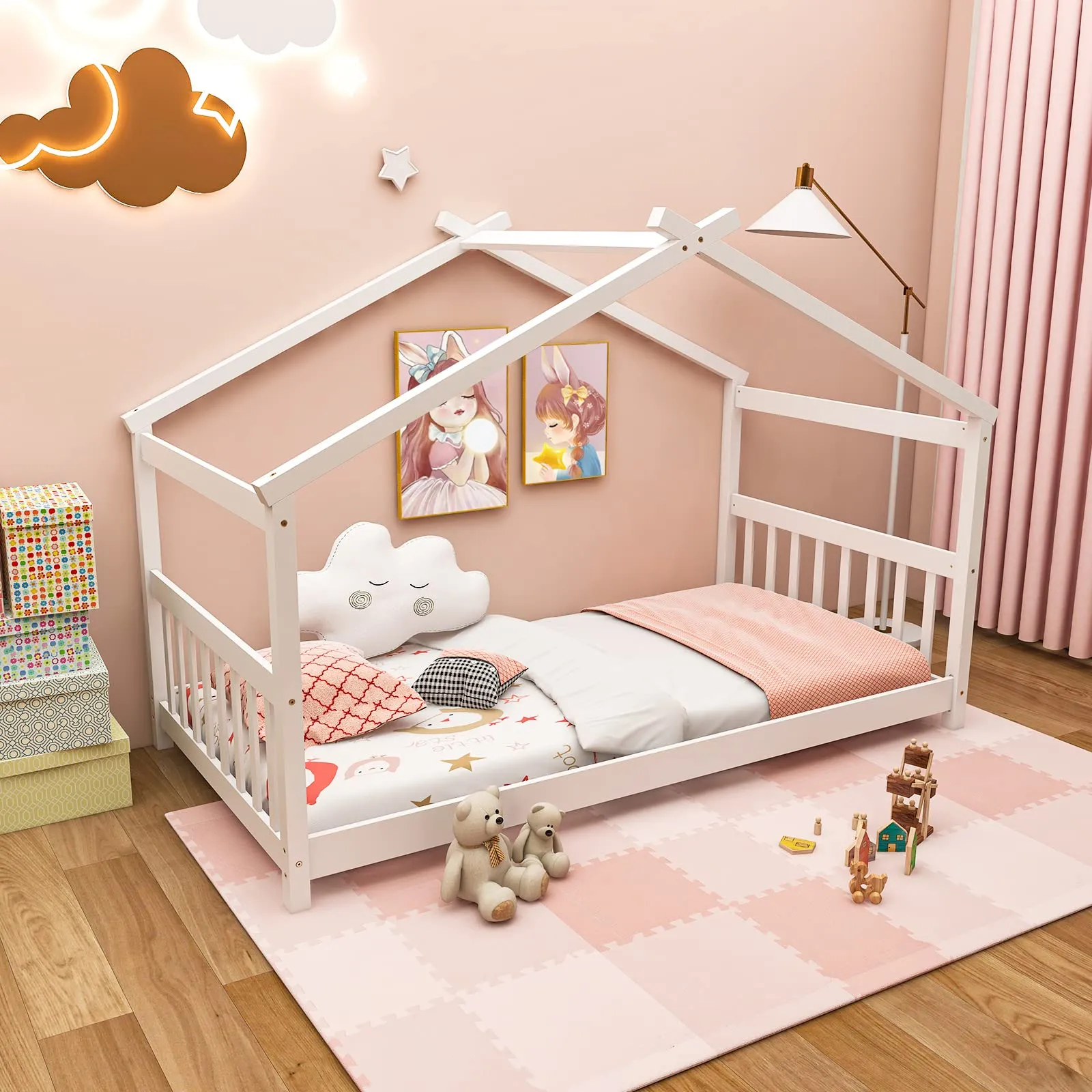 Giantex House Bed Twin, Solid Wood Kids House Bed with Roof
