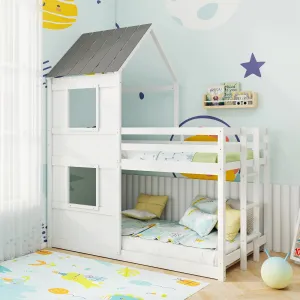 Giantex House Bunk Bed Twin Over Twin, Solid Wood Floor Bunk Bed with Built in Ladder, Window & Safety Guardrail bed frame, queen bed