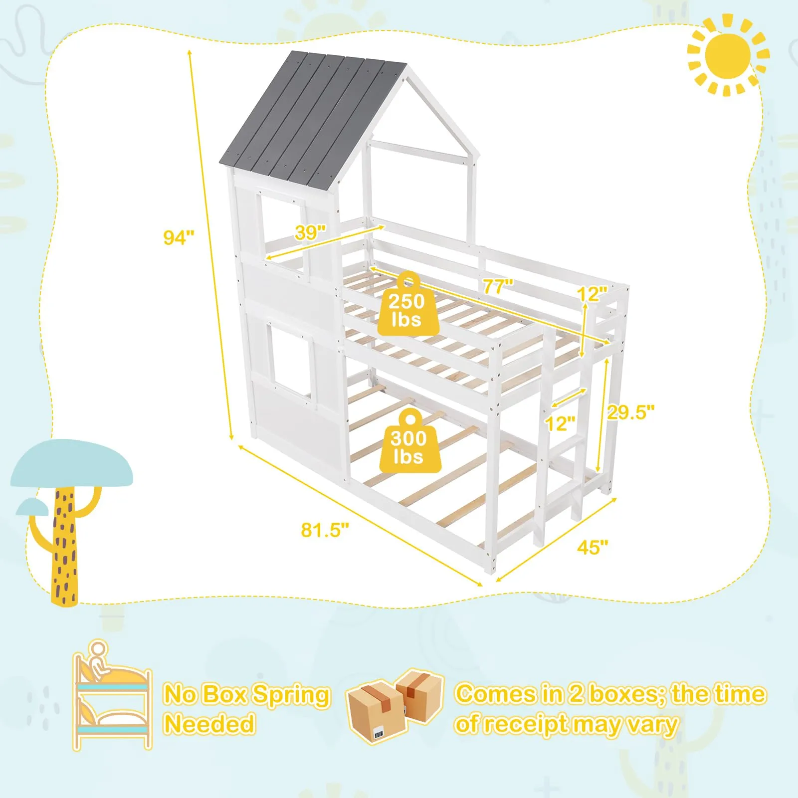 Giantex House Bunk Bed Twin Over Twin, Solid Wood Floor Bunk Bed with Built in Ladder, Window & Safety Guardrail