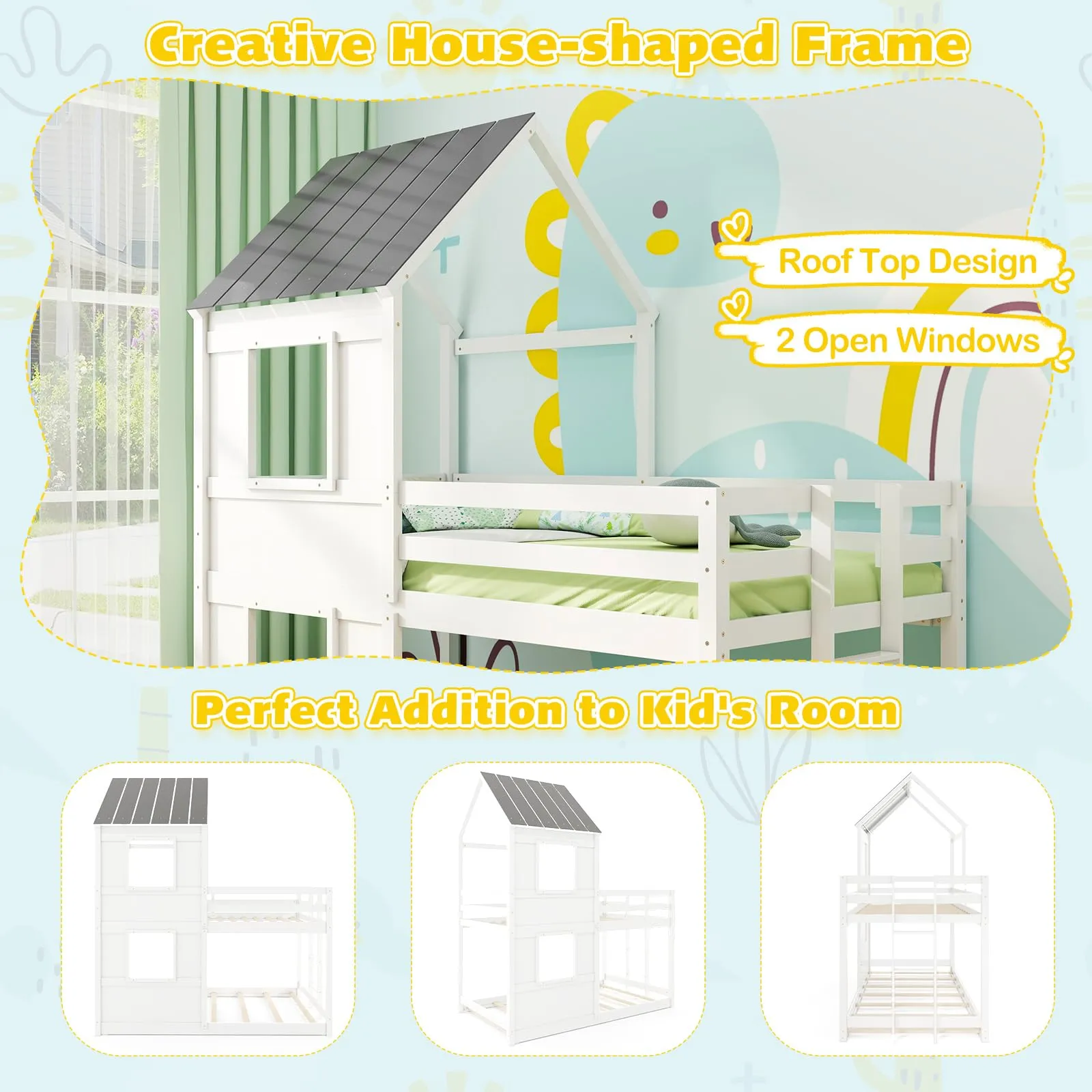 Giantex House Bunk Bed Twin Over Twin, Solid Wood Floor Bunk Bed with Built in Ladder, Window & Safety Guardrail