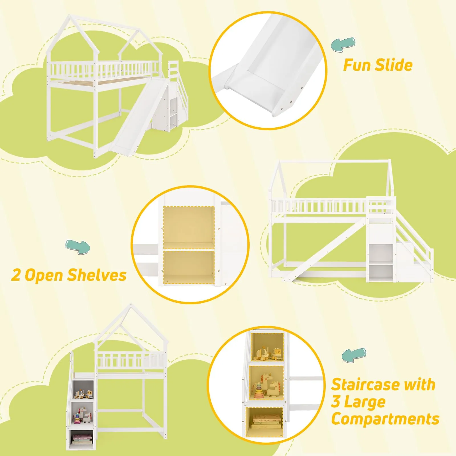 Giantex House Bunk Bed Twin Over Twin with Slide and Stairs