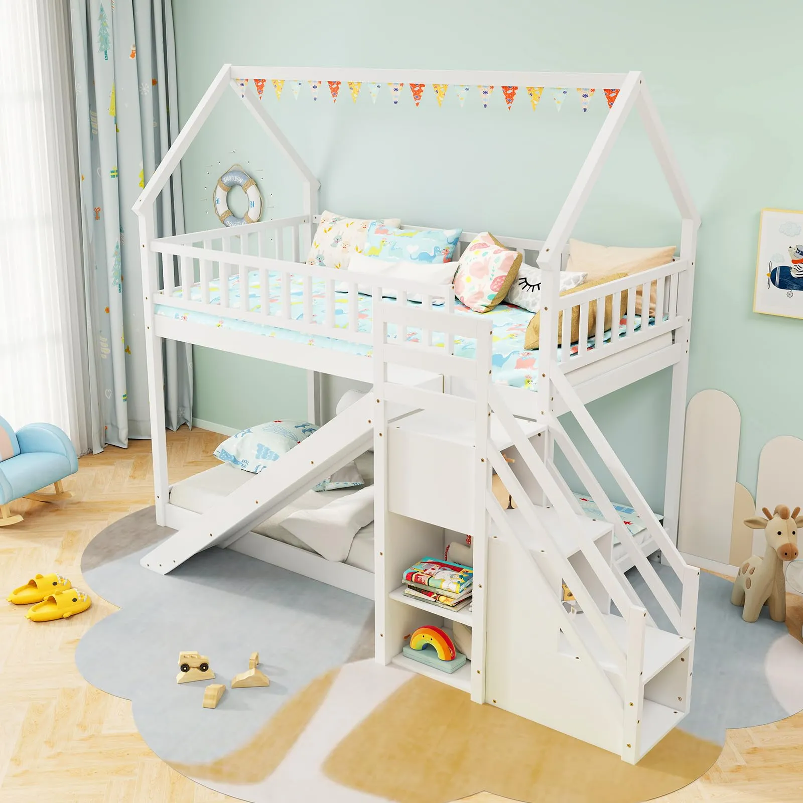 Giantex House Bunk Bed Twin Over Twin with Slide and Stairs