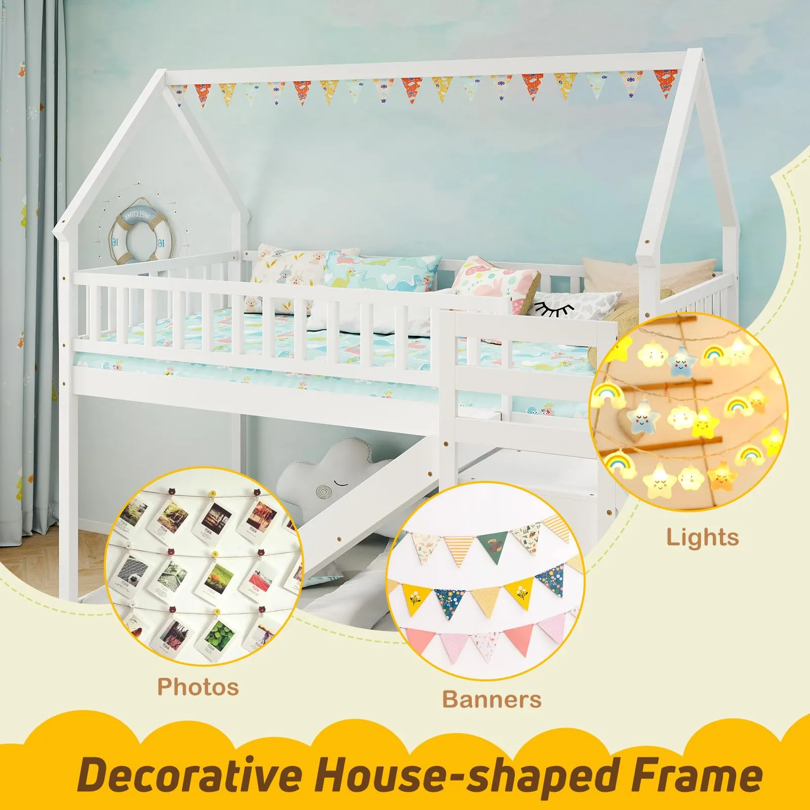 Giantex House Bunk Bed Twin Over Twin with Slide and Stairs