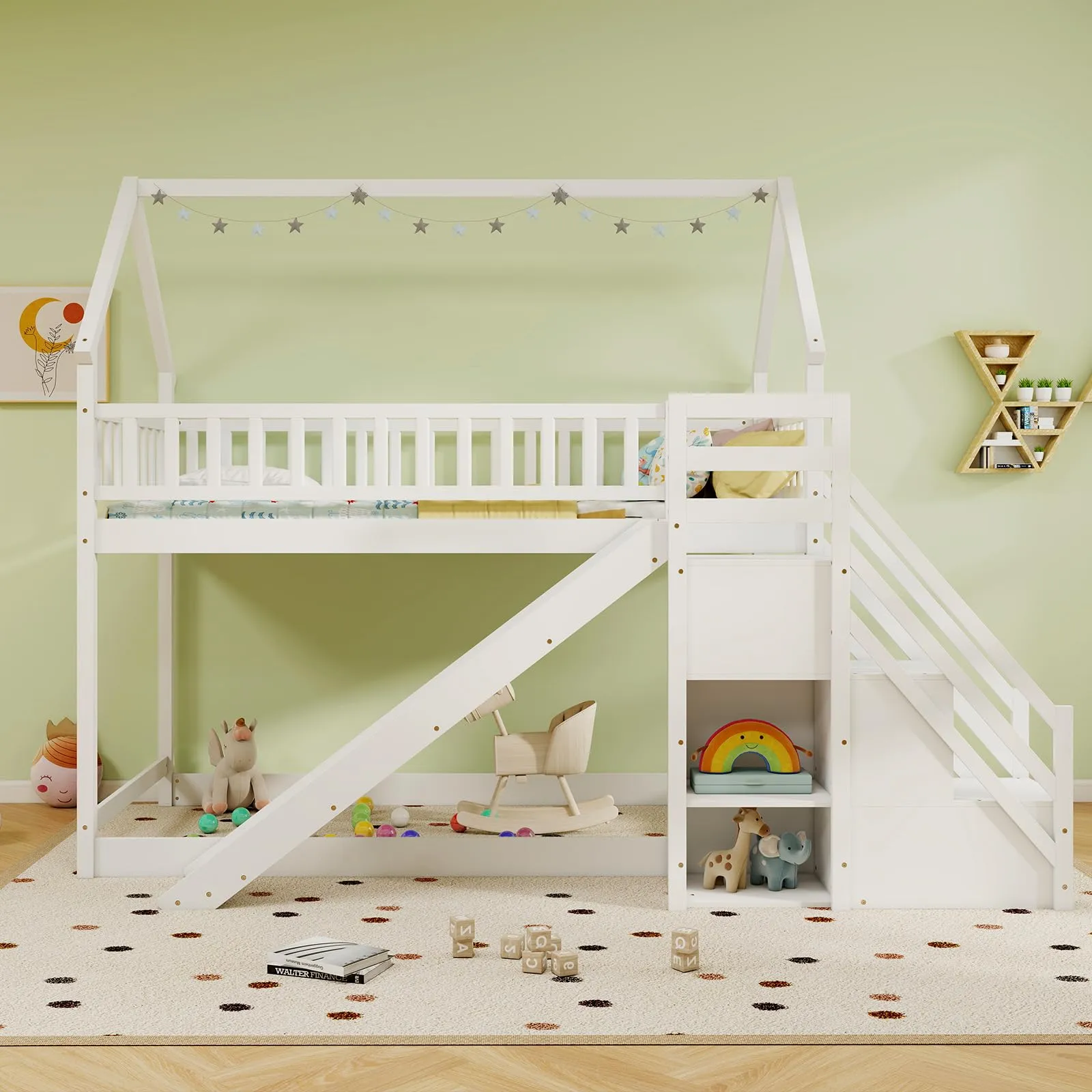 Giantex House Bunk Bed Twin Over Twin with Slide and Stairs