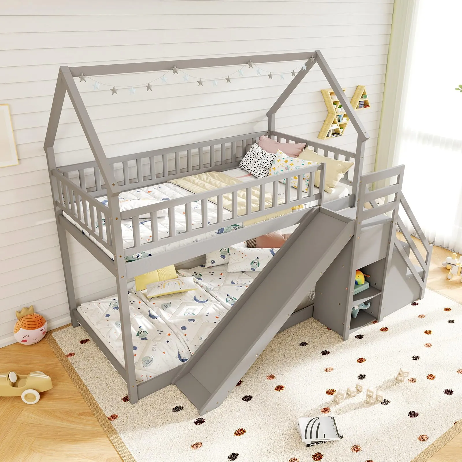 Giantex House Bunk Bed Twin Over Twin with Slide and Stairs