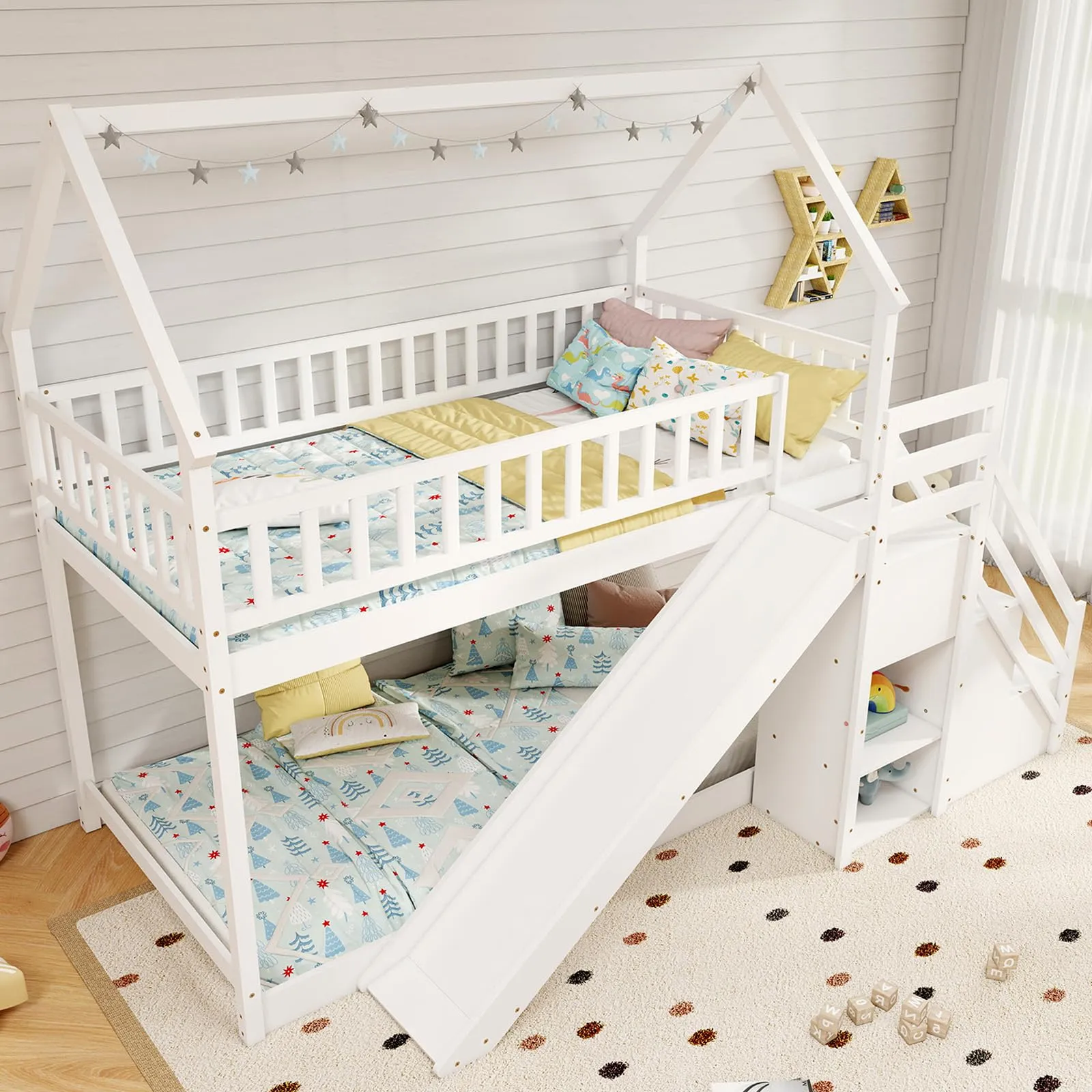 Giantex House Bunk Bed Twin Over Twin with Slide and Stairs bed frame, queen bed