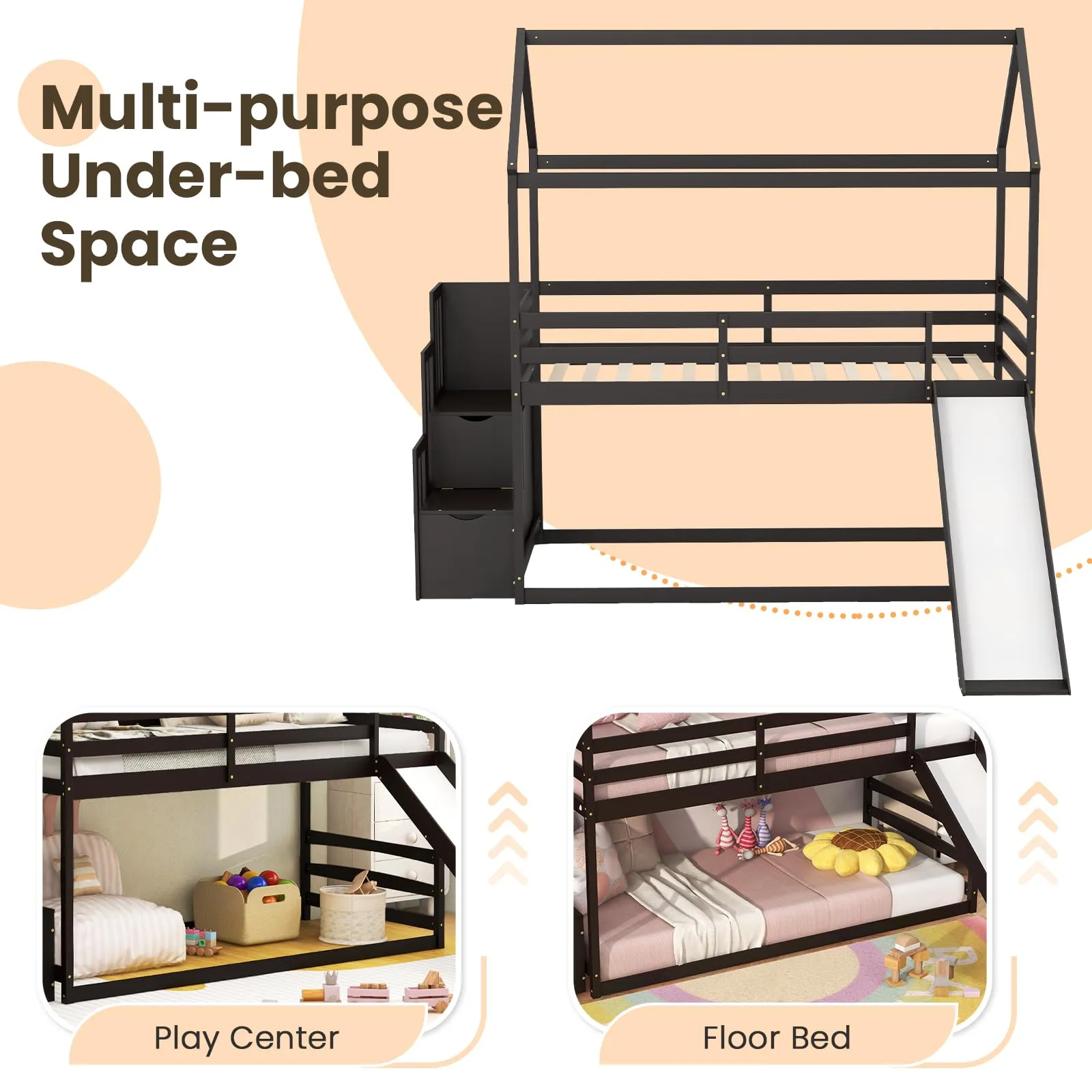 Giantex House Bunk Bed Twin Over Twin with Slide and Storage Stairs, Solid Wood Low Loft Bed Frame with Roof & Guardrail