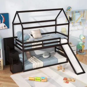 Giantex House Bunk Bed Twin Over Twin with Slide and Storage Stairs, Solid Wood Low Loft Bed Frame with Roof & Guardrail bed frame, queen bed