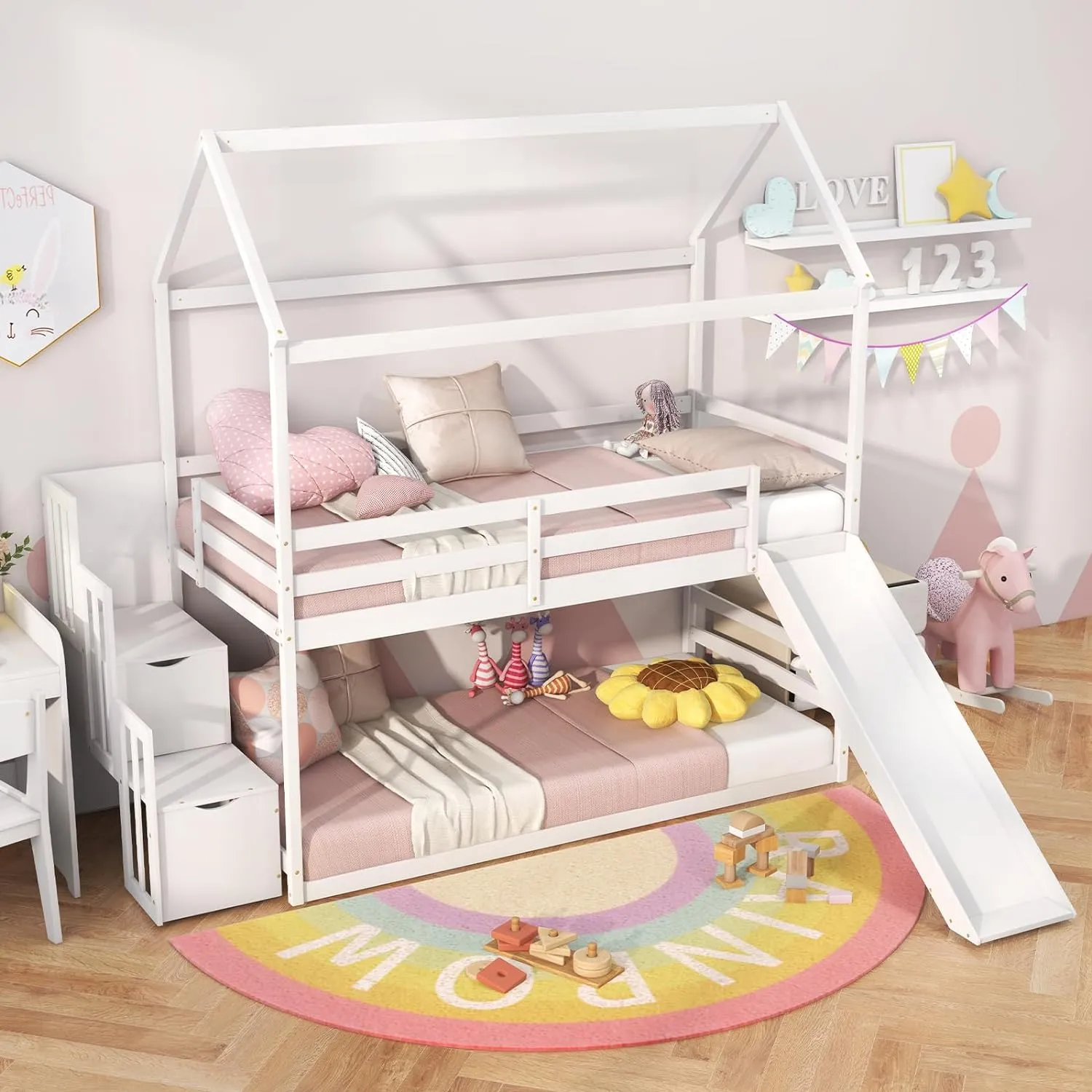 Giantex House Bunk Bed Twin Over Twin with Slide and Storage Stairs, Solid Wood Low Loft Bed Frame with Roof & Guardrail