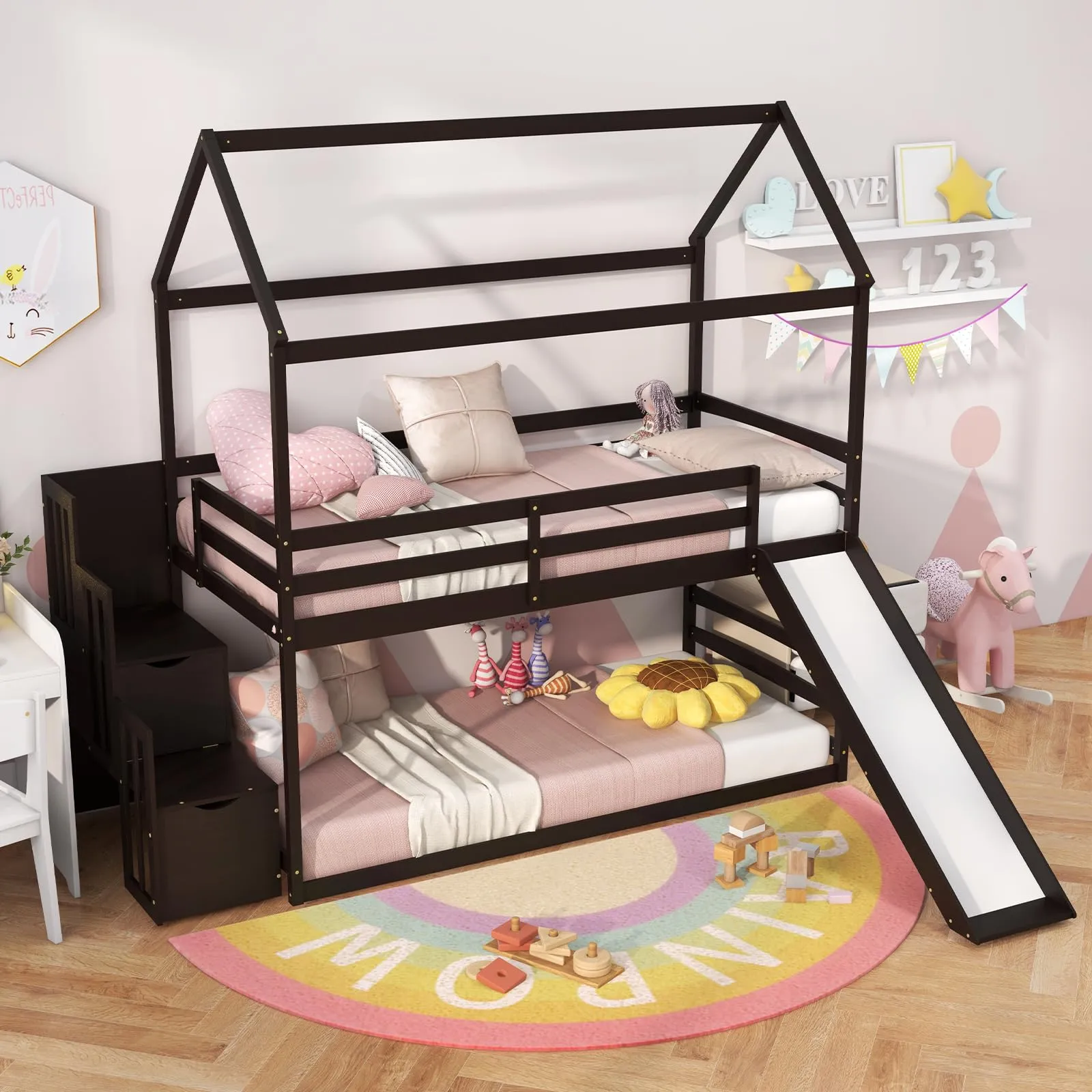 Giantex House Bunk Bed Twin Over Twin with Slide and Storage Stairs, Solid Wood Low Loft Bed Frame with Roof & Guardrail