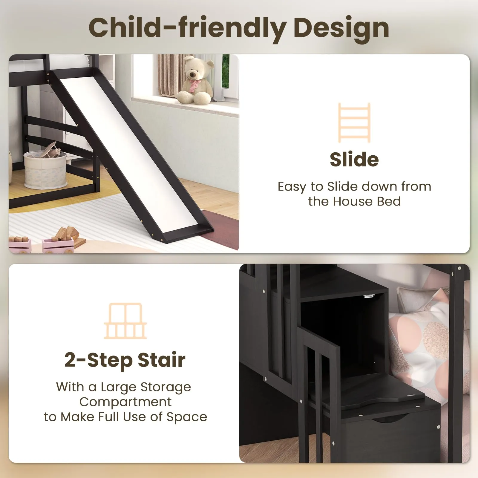 Giantex House Bunk Bed Twin Over Twin with Slide and Storage Stairs, Solid Wood Low Loft Bed Frame with Roof & Guardrail