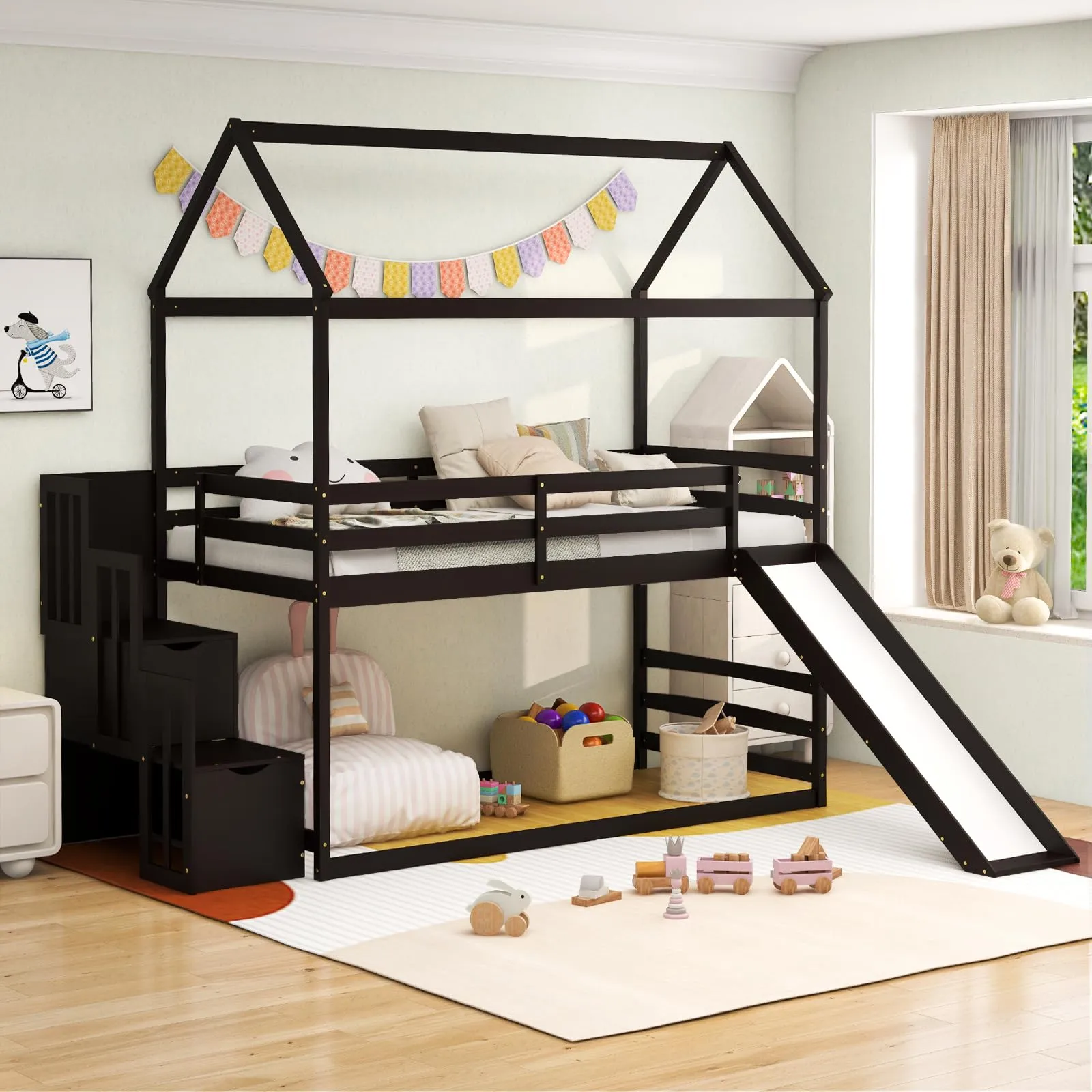 Giantex House Bunk Bed Twin Over Twin with Slide and Storage Stairs, Solid Wood Low Loft Bed Frame with Roof & Guardrail