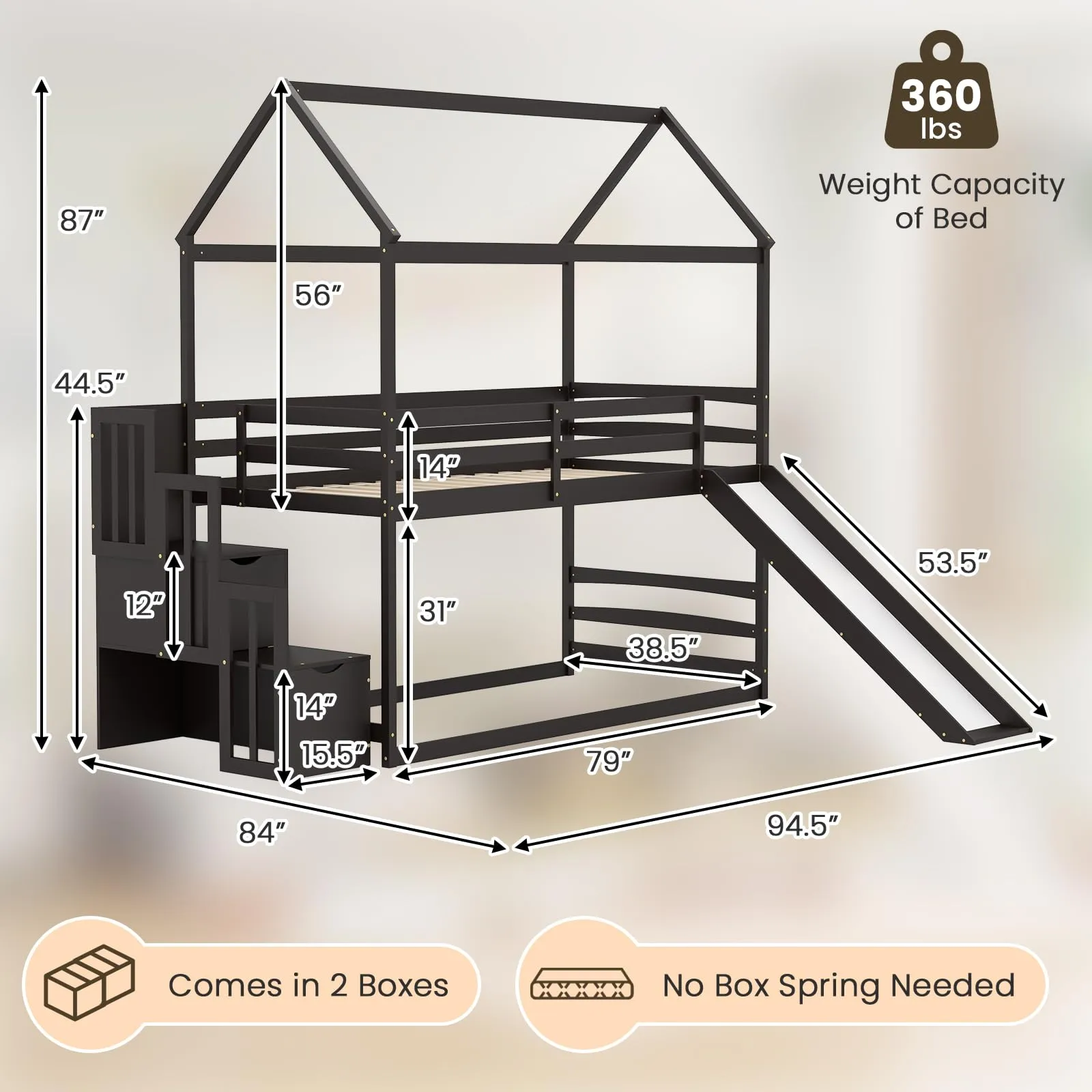 Giantex House Bunk Bed Twin Over Twin with Slide and Storage Stairs, Solid Wood Low Loft Bed Frame with Roof & Guardrail