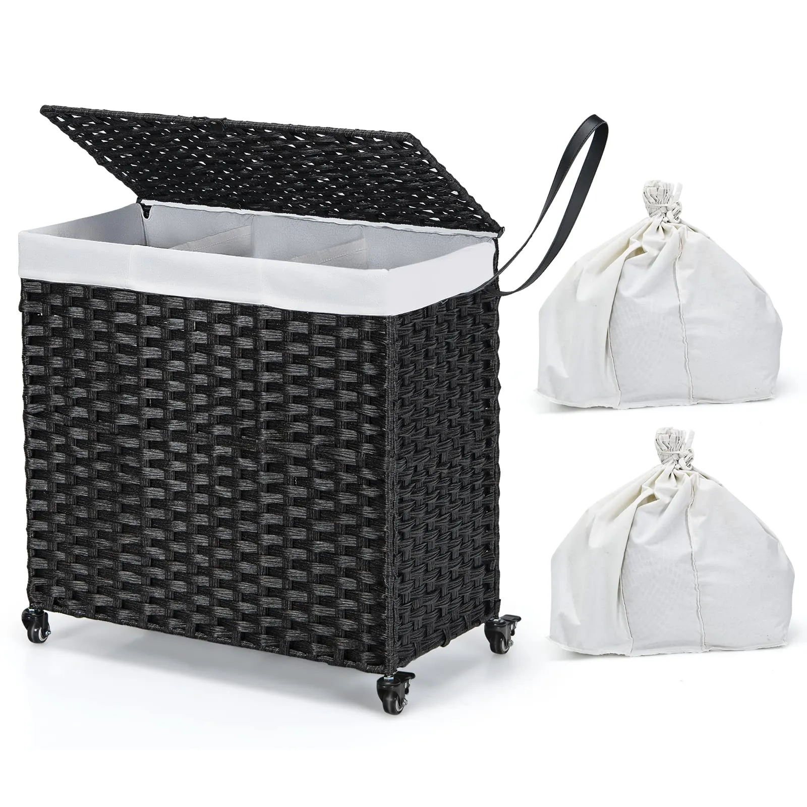 Giantex Laundry Hamper w/Wheels, 3 Section Hamper 125L w/2 Removable Liner Bags bathroom organizer, toilet brush holder