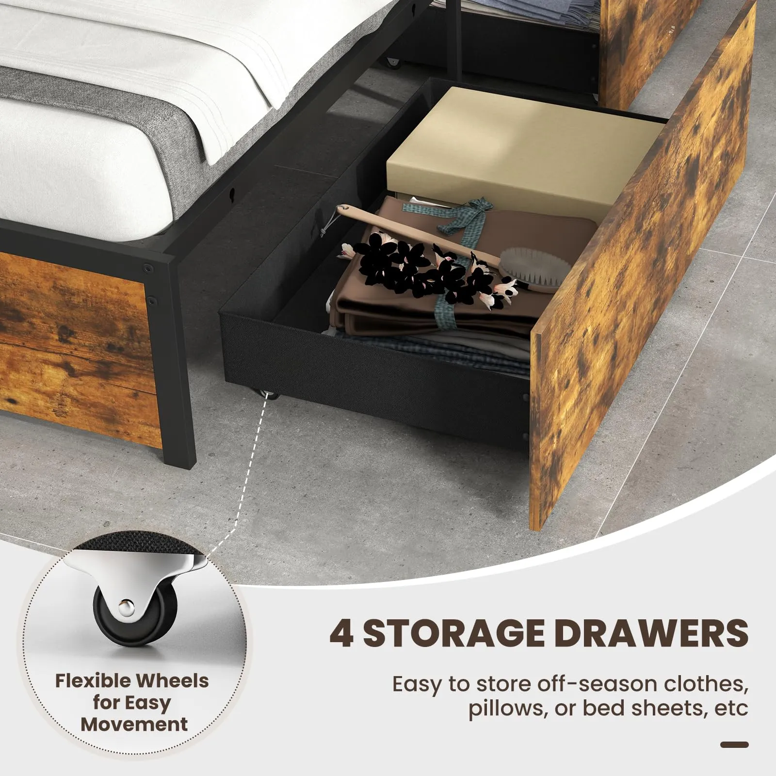 Giantex LED Bed Frame with Charging Station, Metal Platform Bed with Upholstered Headboard & 4 Storage Drawers