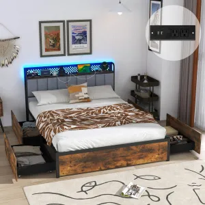 Giantex LED Bed Frame with Charging Station, Metal Platform Bed with Upholstered Headboard & 4 Storage Drawers bed frame, queen bed