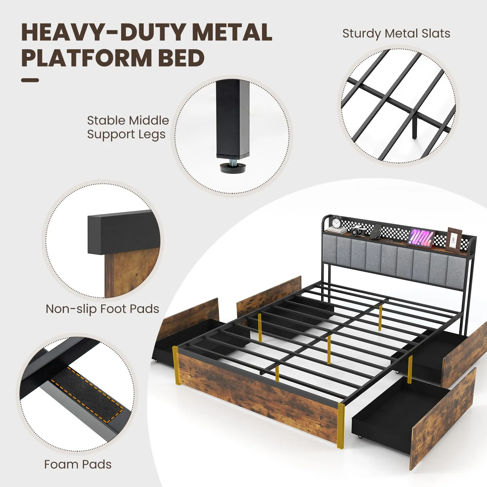 Giantex LED Bed Frame with Charging Station, Metal Platform Bed with Upholstered Headboard & 4 Storage Drawers