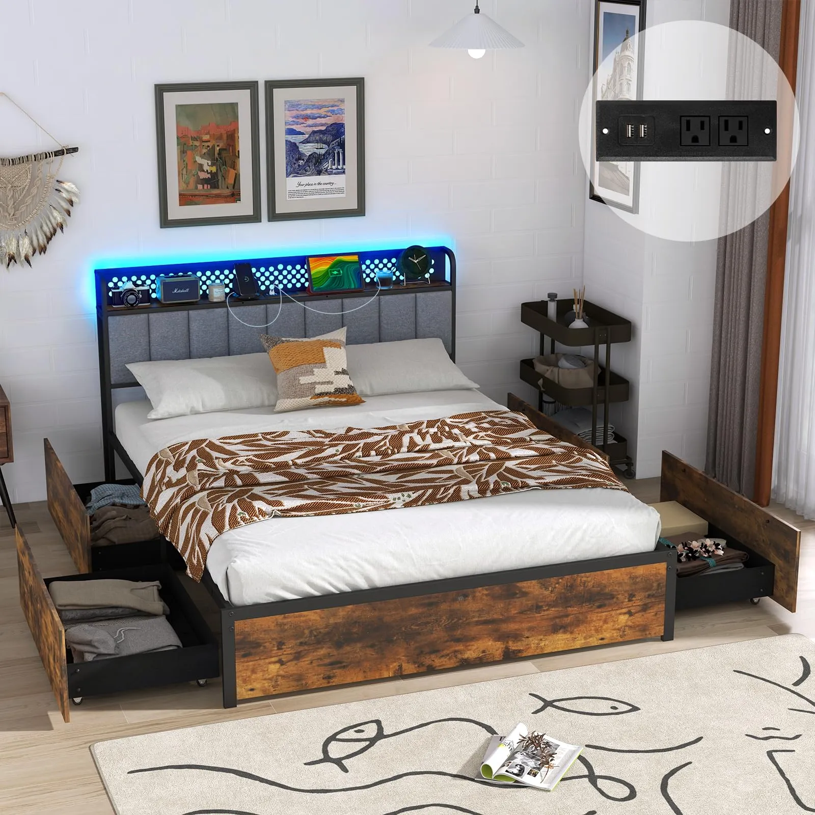 Giantex LED Bed Frame with Charging Station, Metal Platform Bed with Upholstered Headboard & 4 Storage Drawers bed frame, queen bed
