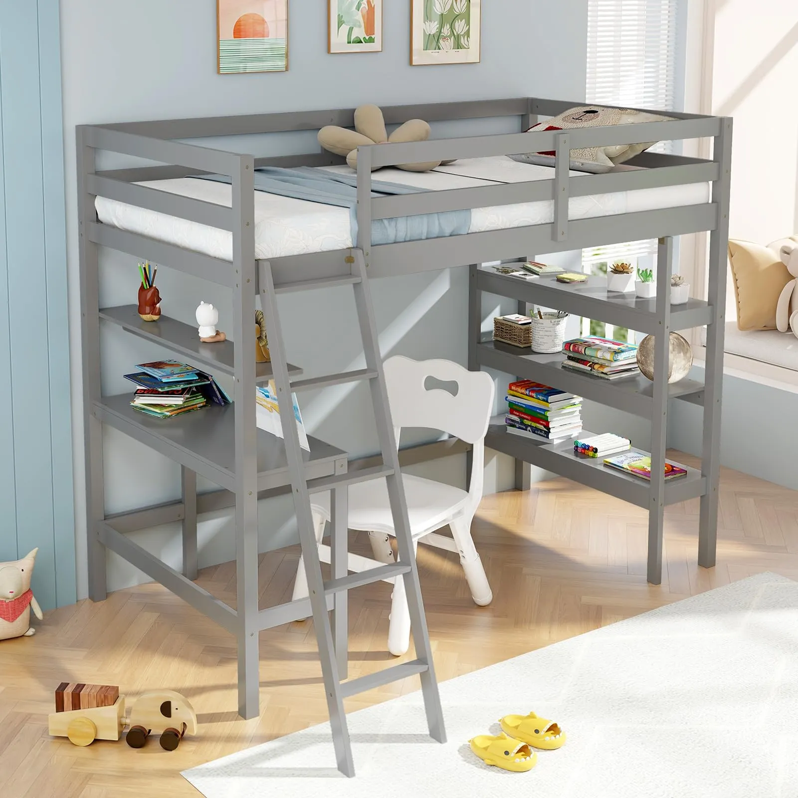 Giantex Loft Bed with Desk & Bookshelves bed frame, queen bed