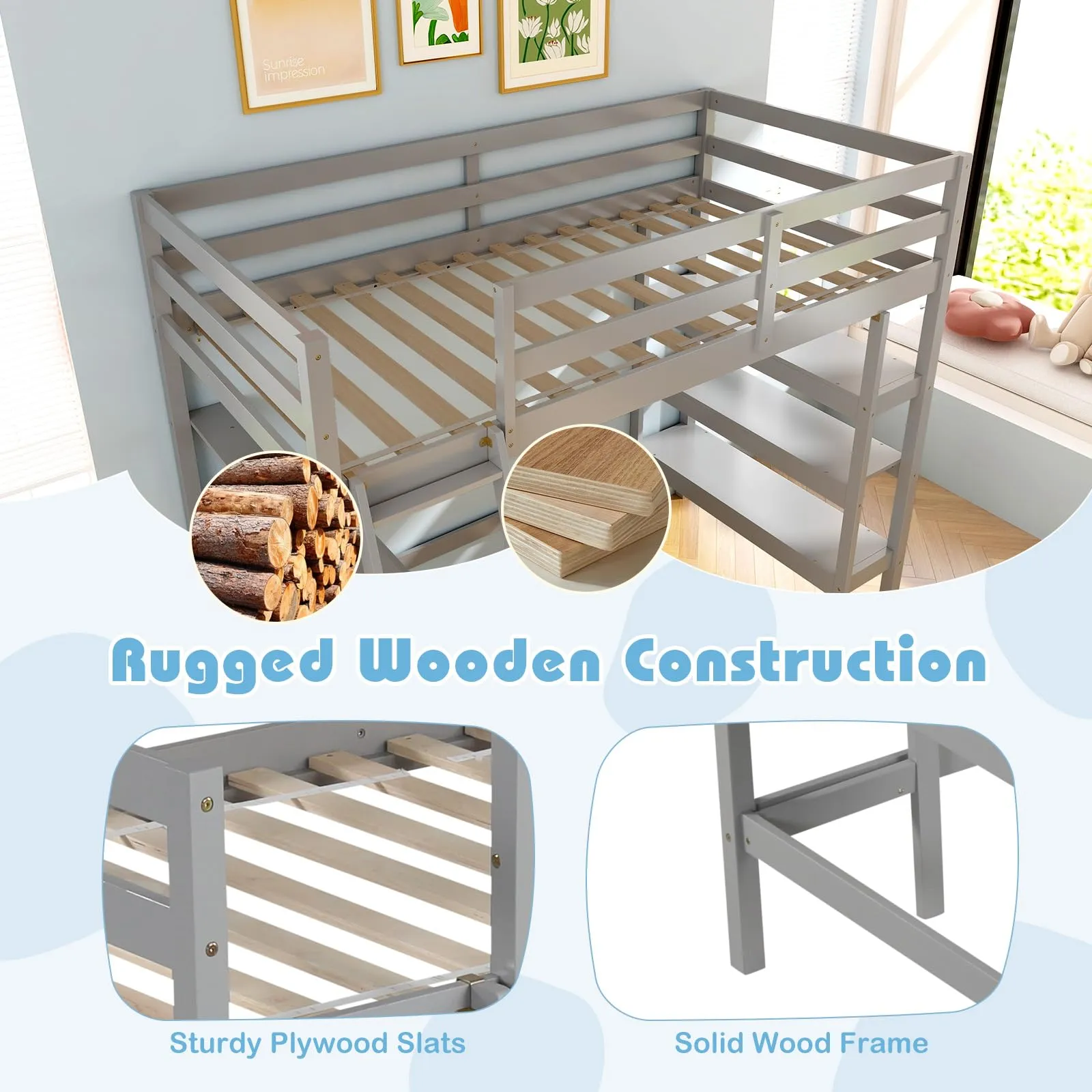 Giantex Loft Bed with Desk & Bookshelves
