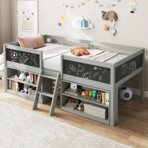 Giantex Low Loft Bed Twin Size, Wooden Loft Bed with Ladder & Blackboard bed frame, queen bed