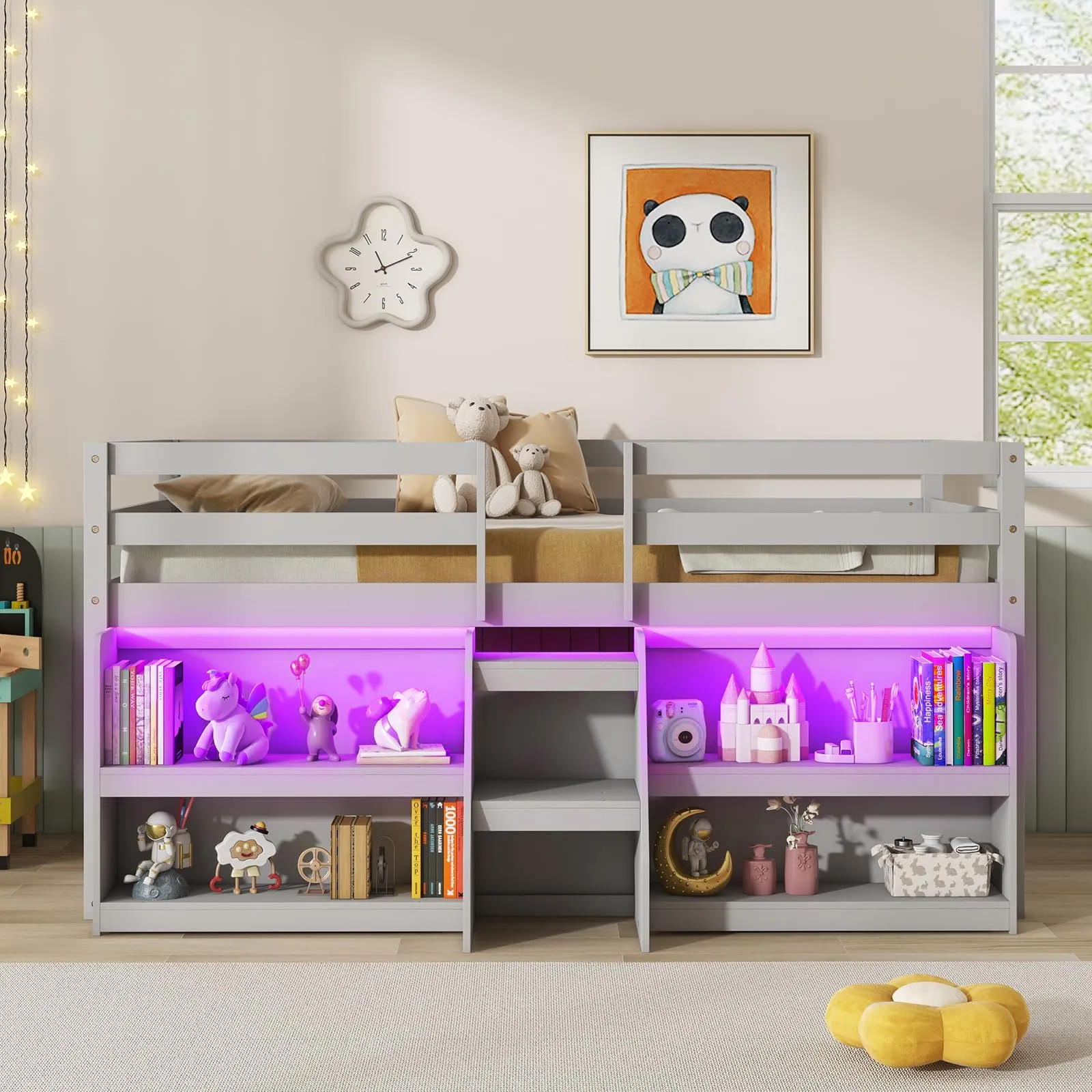 Giantex Low Loft Bed with LED Lights, Wooden Twin Loft Bed with Stairs & Safety Guardrail
