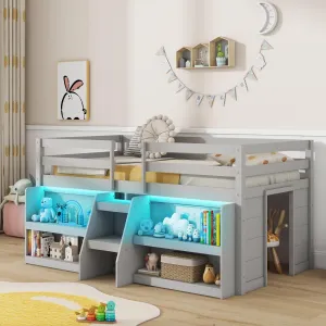 Giantex Low Loft Bed with LED Lights, Wooden Twin Loft Bed with Stairs & Safety Guardrail bed frame, queen bed