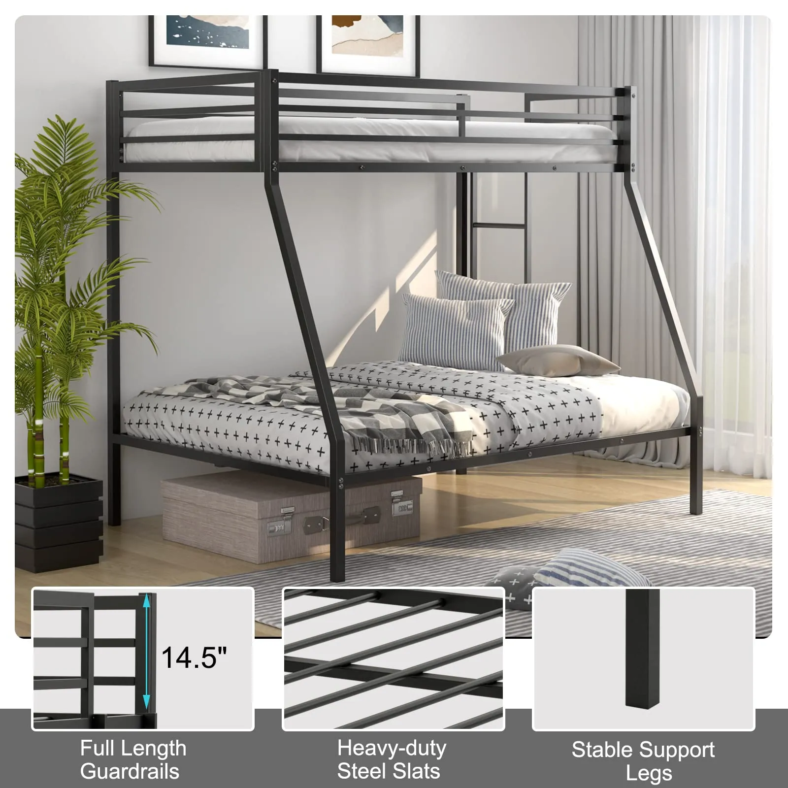 Giantex Metal Bunk Bed, Twin Over Full Size Bed w/ Removable Ladder & Steel Slats Support