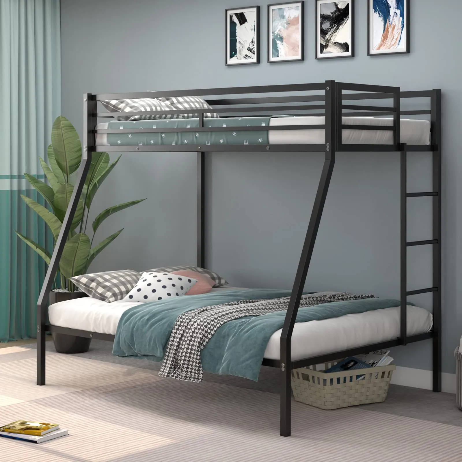 Giantex Metal Bunk Bed, Twin Over Full Size Bed w/ Removable Ladder & Steel Slats Support