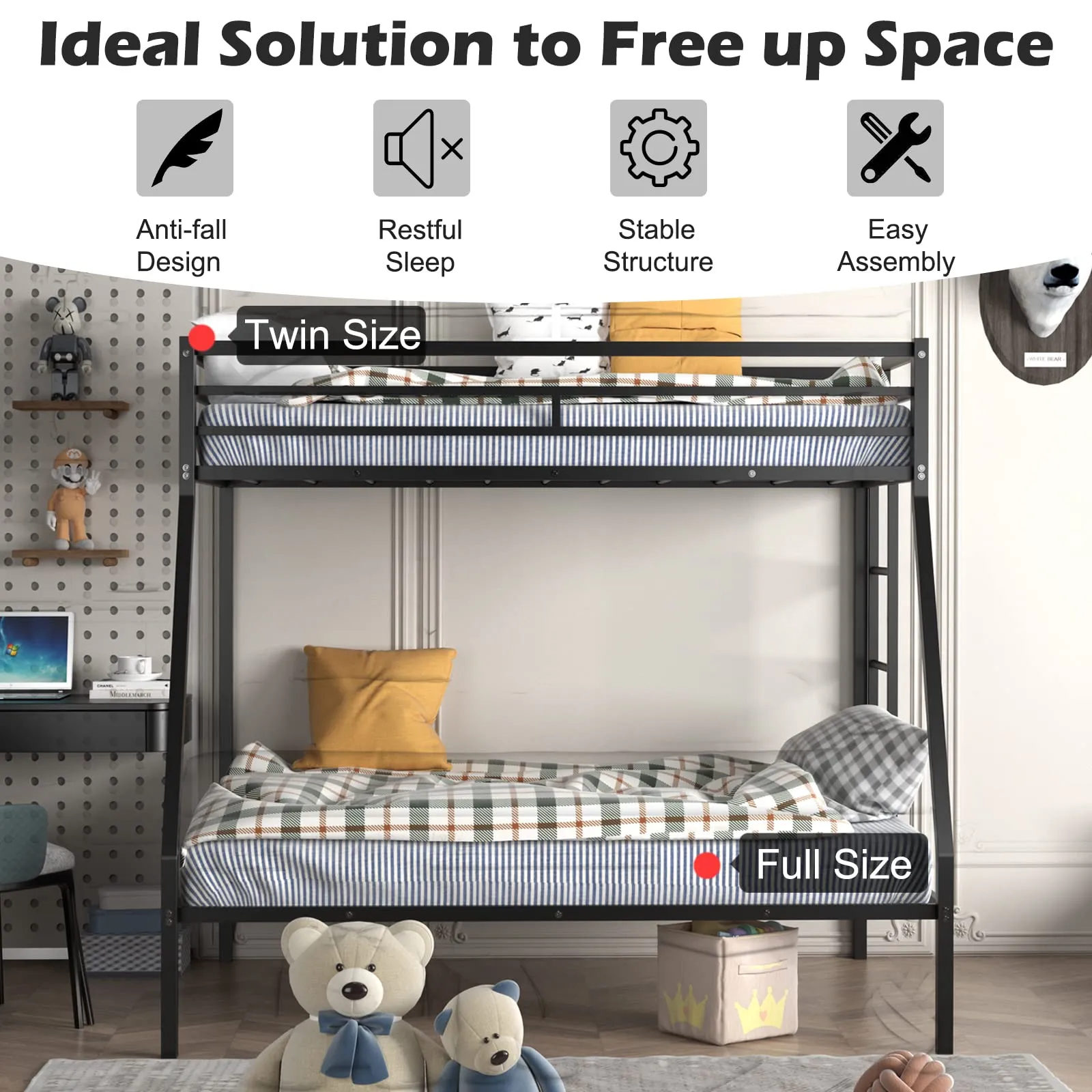 Giantex Metal Bunk Bed, Twin Over Full Size Bed w/ Removable Ladder & Steel Slats Support