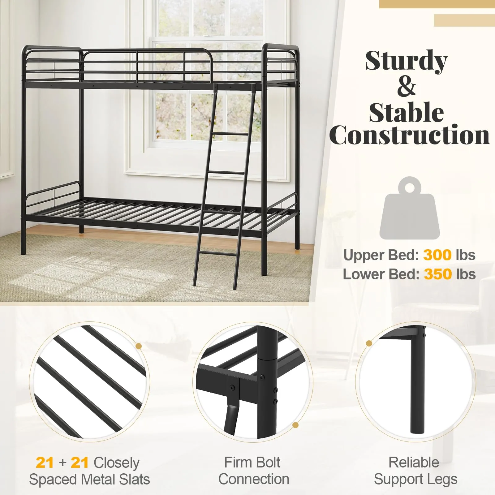 Giantex Metal Bunk Bed Twin Over Twin, Heavy Duty Twin Bunk Beds with Inclined Ladder & Safety Guardrails