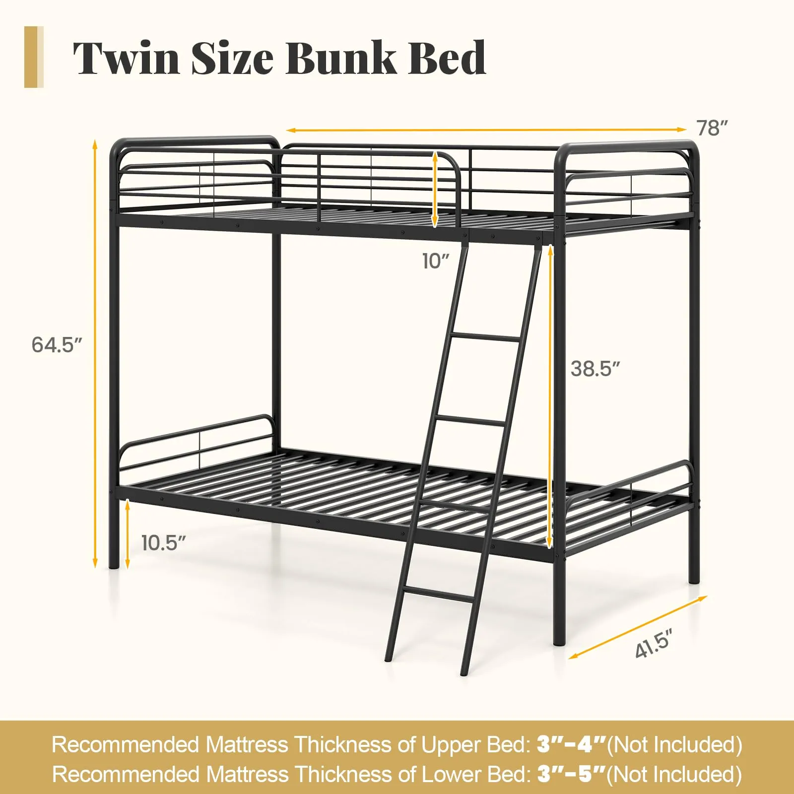 Giantex Metal Bunk Bed Twin Over Twin, Heavy Duty Twin Bunk Beds with Inclined Ladder & Safety Guardrails